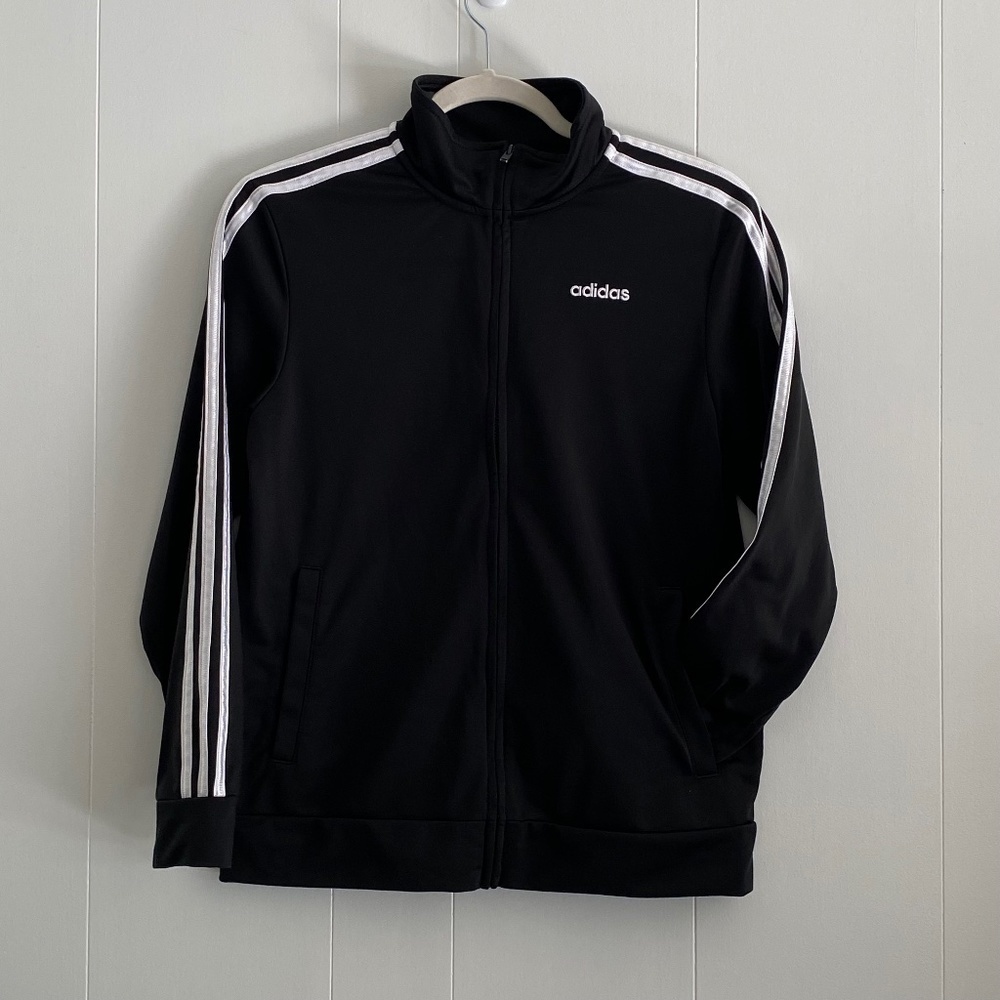 Classic Adidas black with white stripes full zip jacket Youth size L